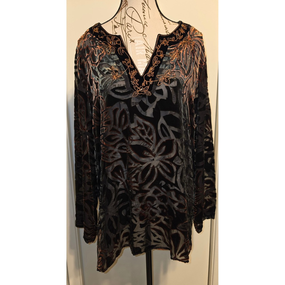 Chicos Velvet Burnout Tunic Top Rayon Silk Blend Floral Embroidered Black Sz 2/L